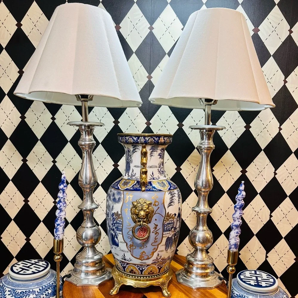 Luxury Tall Silver Table Lamp Pair – Sculptural Bases‎ with Scalloped Shades